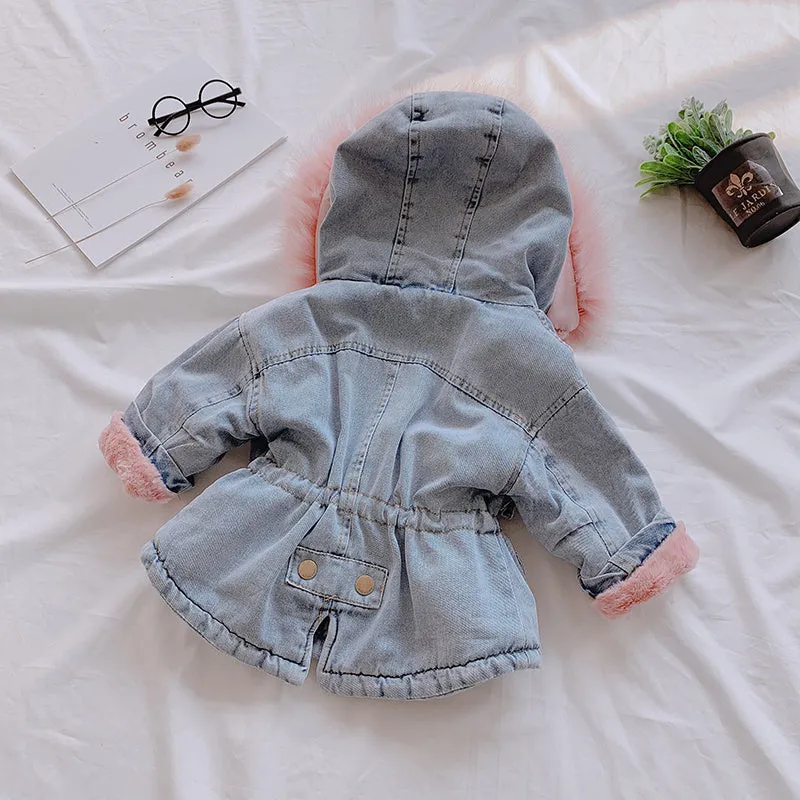 Blue denim coat for girls with a hood and plush fleece lining, shown on a hanger.