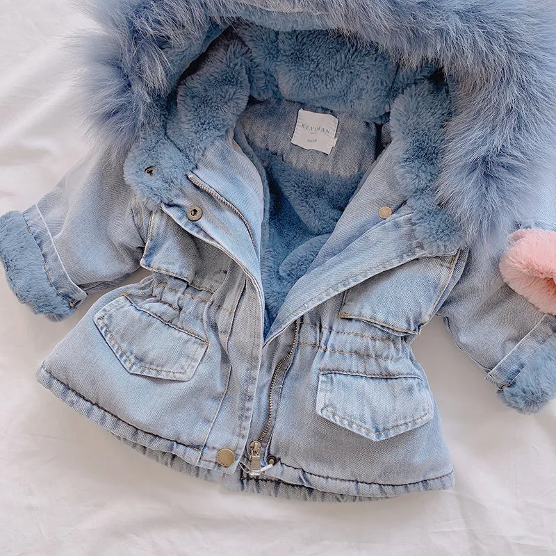 Blue denim coat for girls with a hood and plush fleece lining, shown on a hanger.