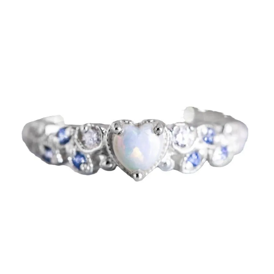 White alloy women's ring with a heart shape and floral opal ocean design details.