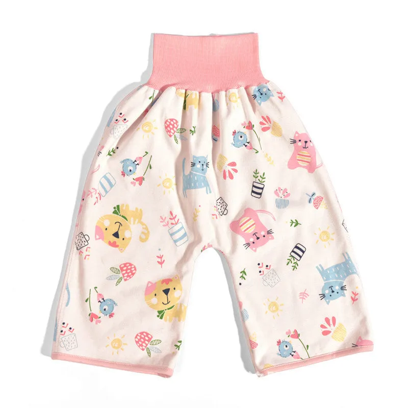 High waist baby diaper training pants in blue car cartoon print, showing elastic waistband.