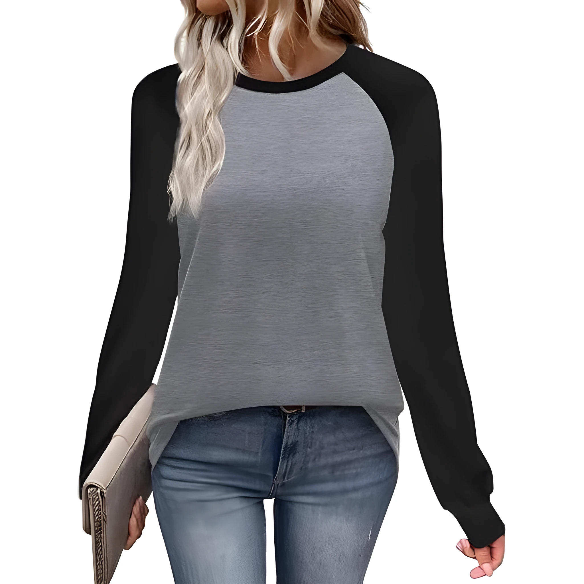A casual long sleeve round neck T-shirt in a solid colour, shown flat to display its simple design.
