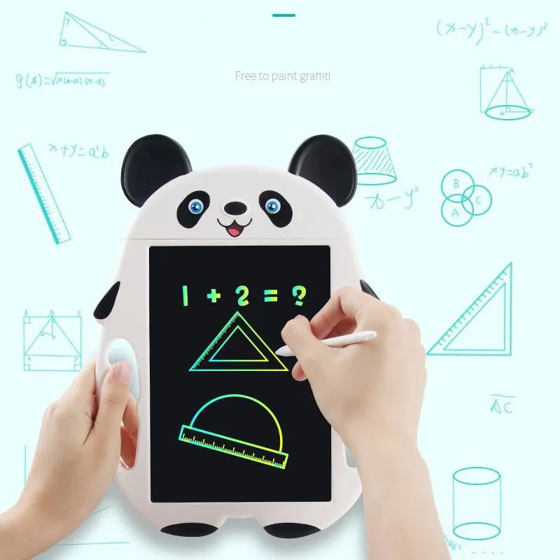 Panda-design LCD electronic drawing board with a clear button on a blue ABS plastic frame.