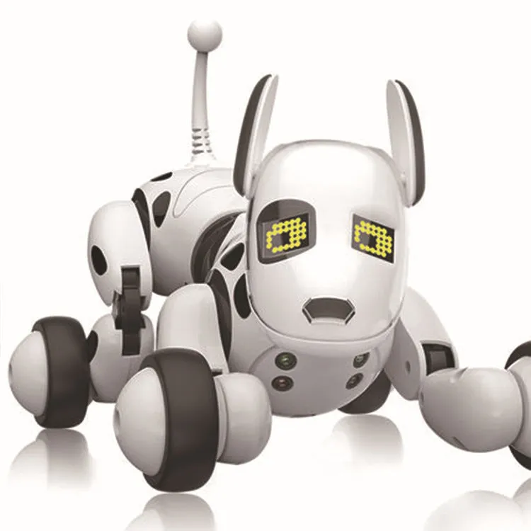 Blue and white smart robot dog toy with remote control on a table