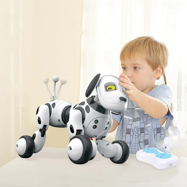 Blue and white smart robot dog toy with remote control on a table