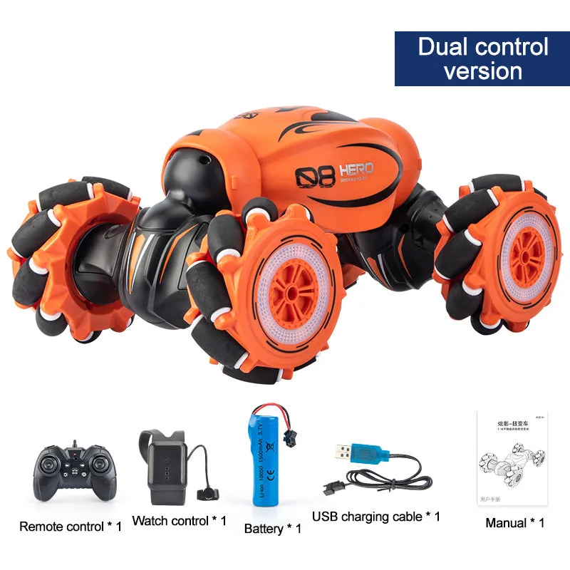 Blue gesture sensing remote control car with transformation feature and rechargeable battery.