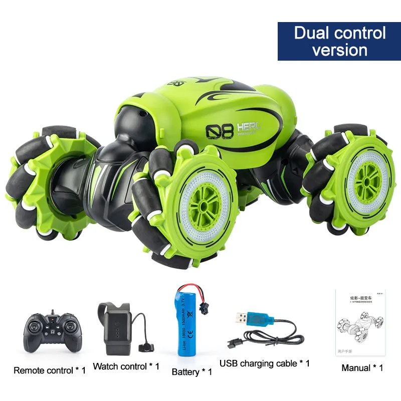 Blue gesture sensing remote control car with transformation feature and rechargeable battery.