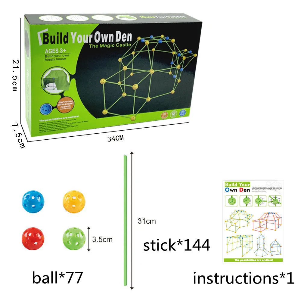 Children's fort building kit showing plastic rods, connector balls, and a constructed play tent frame.