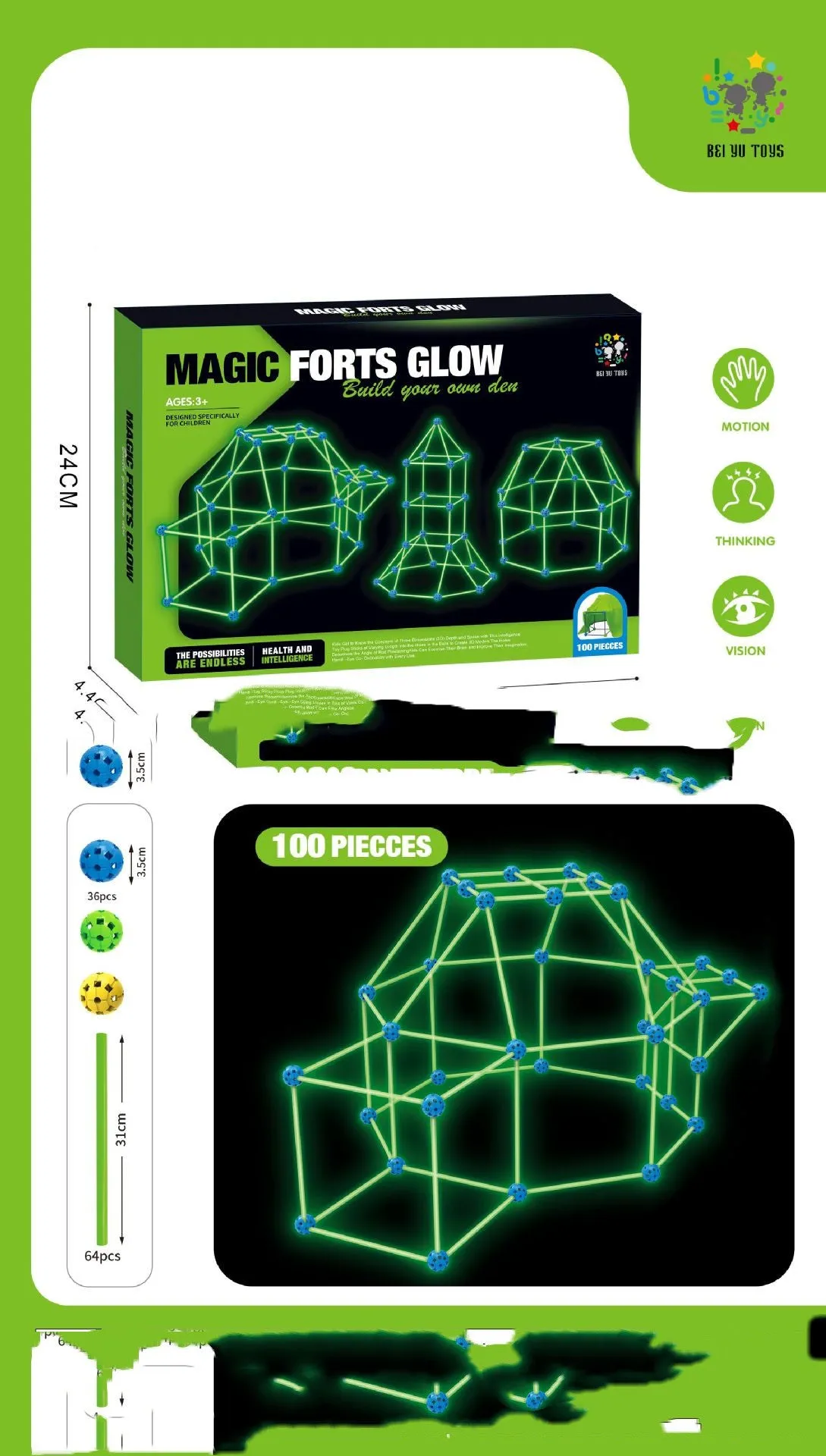 Children's fort building kit showing plastic rods, connector balls, and a constructed play tent frame.