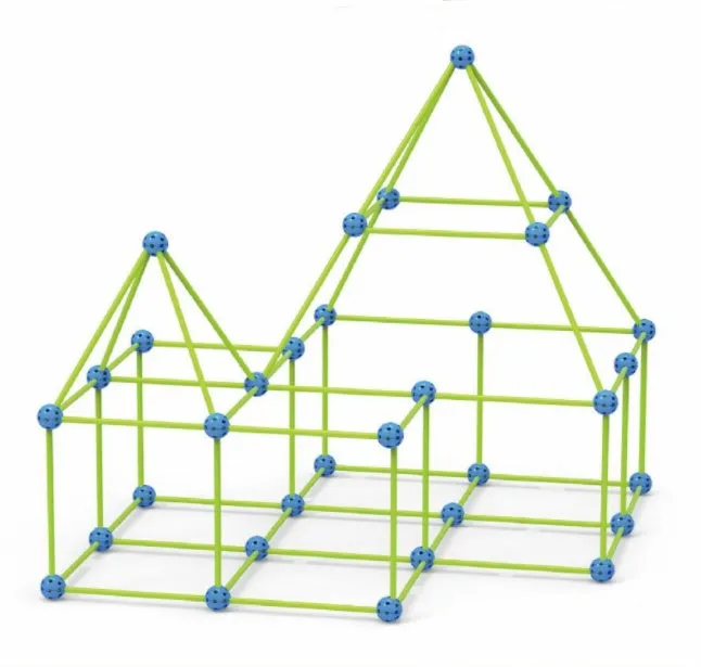 Children's fort building kit showing plastic rods, connector balls, and a constructed play tent frame.