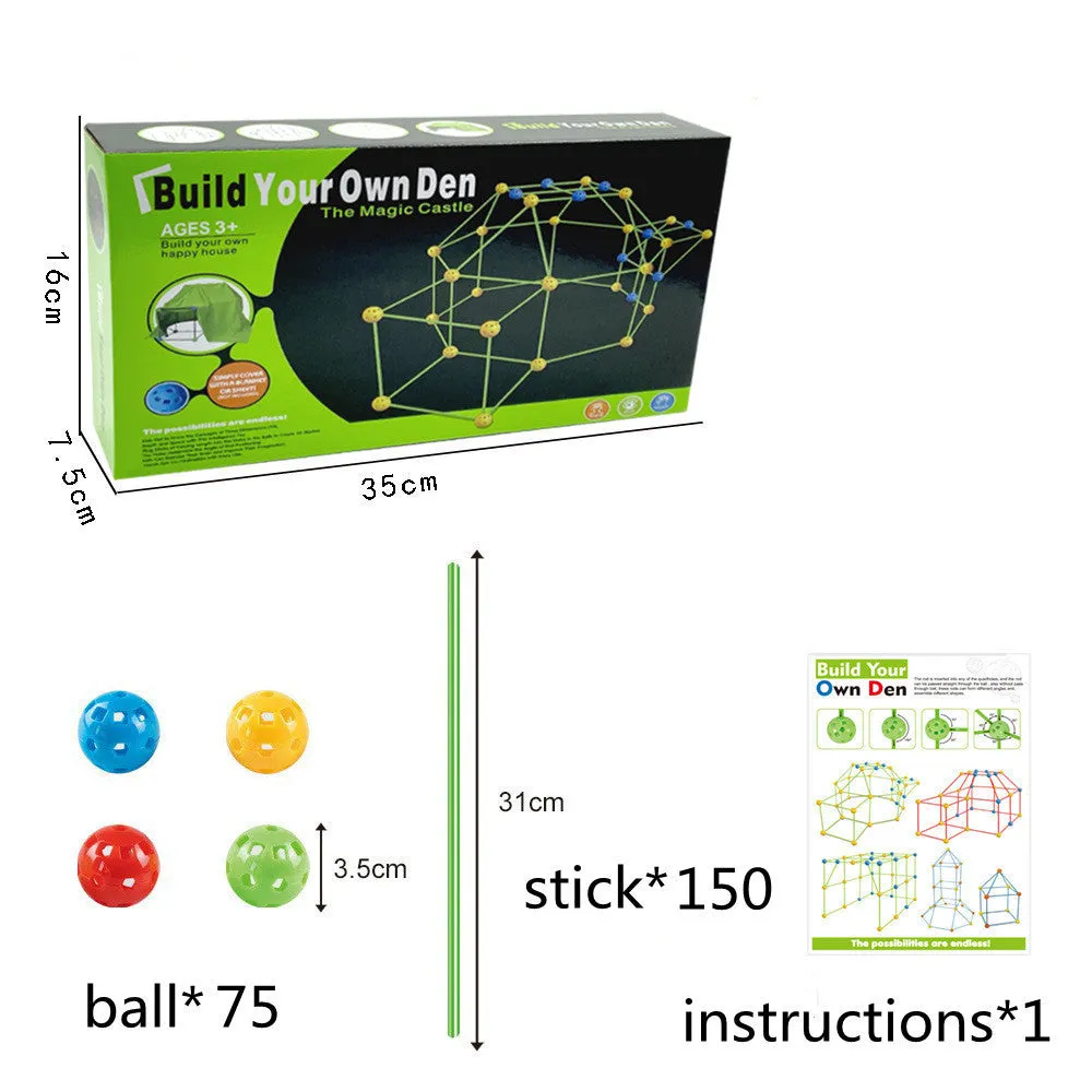 Children's fort building kit showing plastic rods, connector balls, and a constructed play tent frame.
