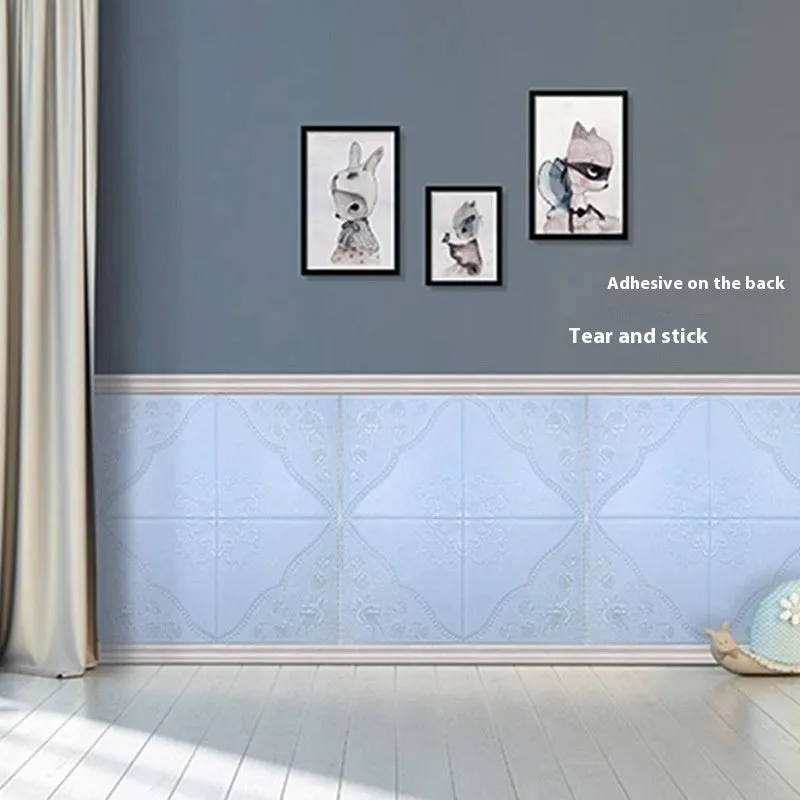 Light blue plants and flowers pattern on a large square self-adhesive foam wall sticker with a three-dimensional texture.