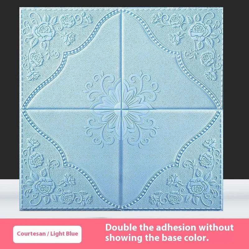 Light blue plants and flowers pattern on a large square self-adhesive foam wall sticker with a three-dimensional texture.