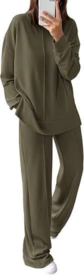 Women's army green polyester jogging suit set with long sleeve top and matching trousers