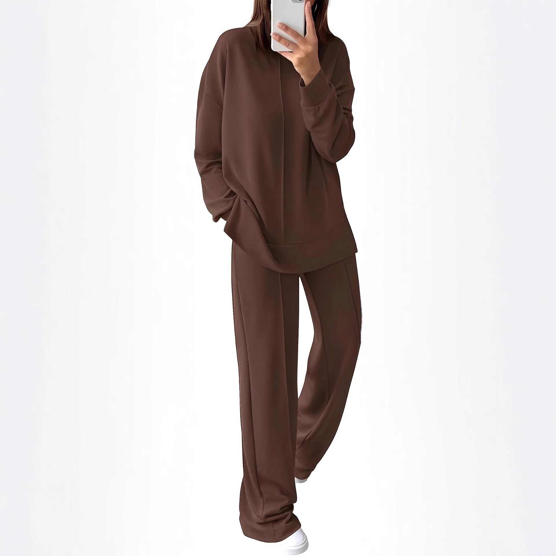 Women's army green polyester jogging suit set with long sleeve top and matching trousers