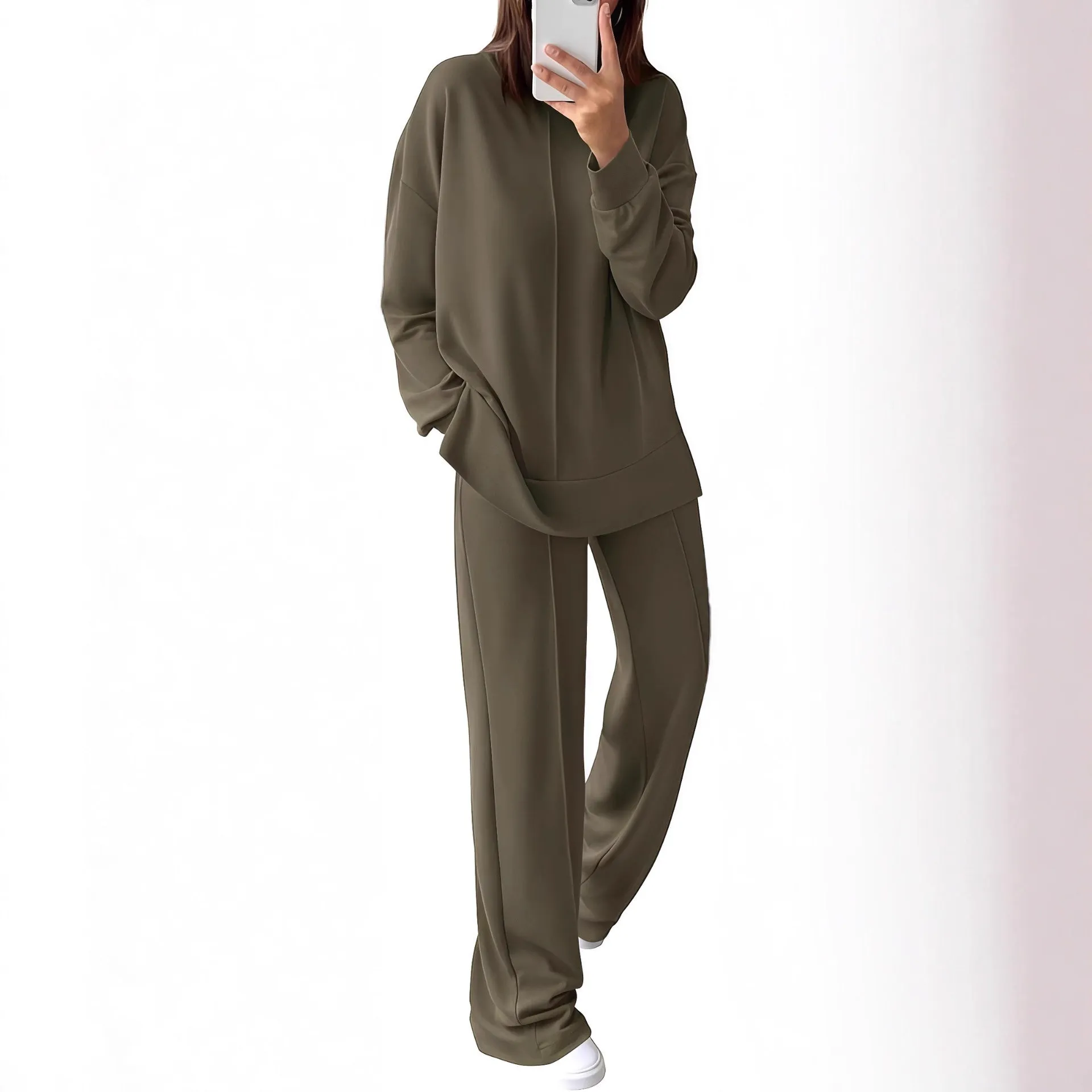 Women's army green polyester jogging suit set with long sleeve top and matching trousers