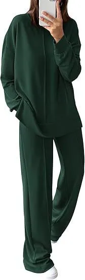 Women's army green polyester jogging suit set with long sleeve top and matching trousers
