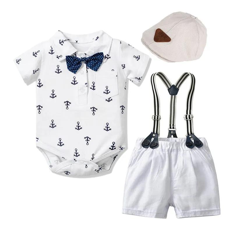 Cotton triangle romper for baby boys in blue or white with short sleeves and gentleman styling