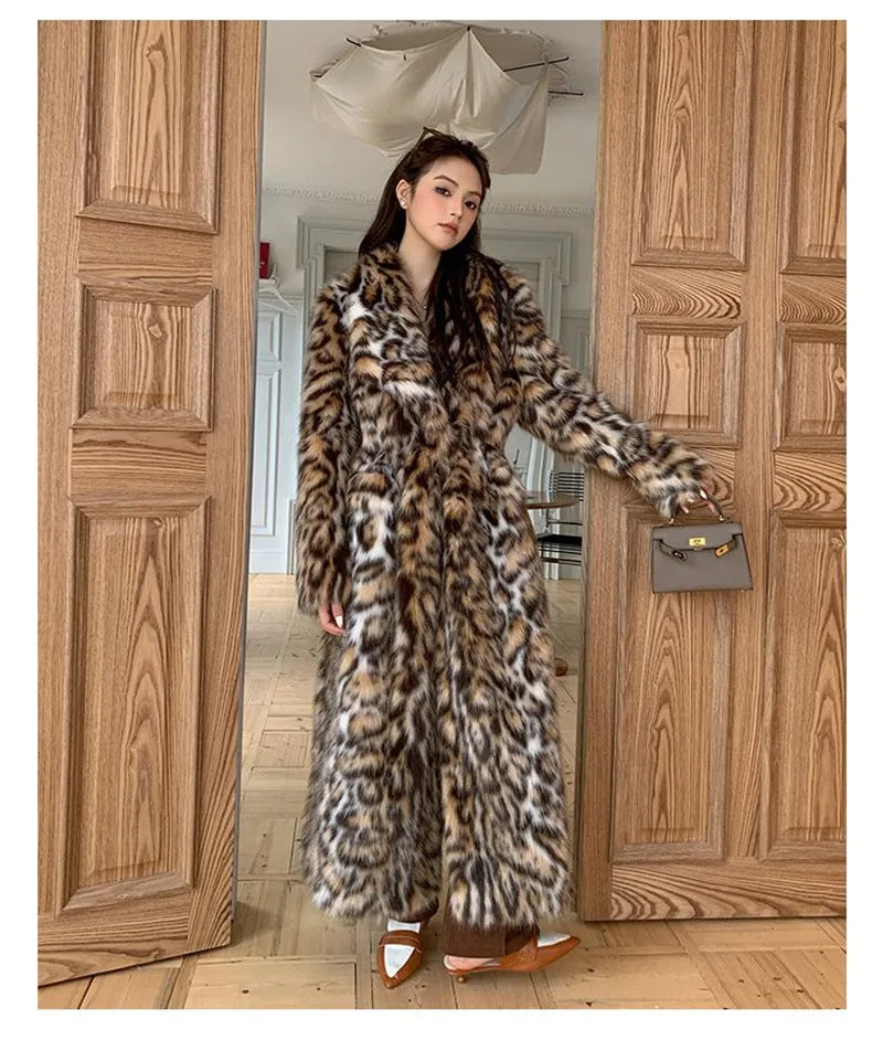 A women's long faux fur coat with a fur collar and pockets, shown in a street fashion style.