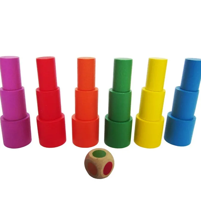 Yellow and blue moon-themed wooden balance game toy for toddlers on a white background.