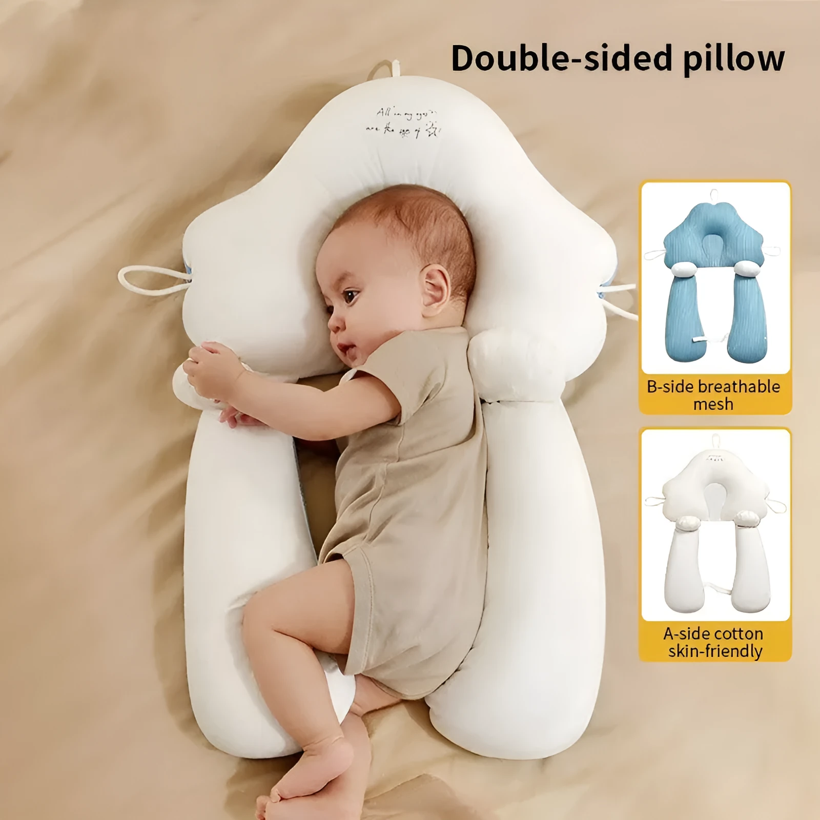 U-shaped baby head shaping pillow in blue and white colours with pure cotton fabric