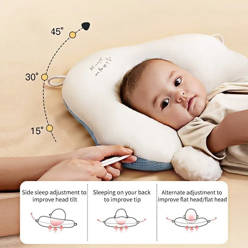 U-shaped baby head shaping pillow in blue and white colours with pure cotton fabric