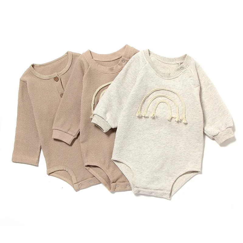 Waffle cotton baby long sleeve romper in beige with cotton rope closure