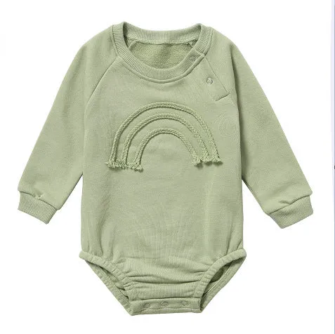 Waffle cotton baby long sleeve romper in beige with cotton rope closure
