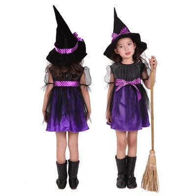 Children's witch costume in linen fabric available in multiple colours and sizes from 90cm to 160cm height