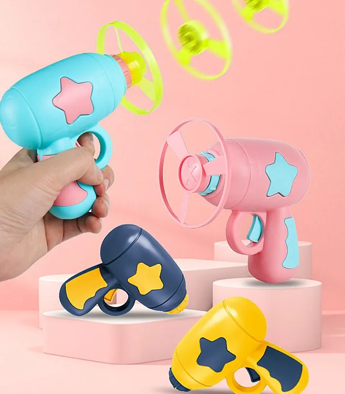 Flying saucer launcher toy set with LED flashing discs and launcher gun in assorted colours