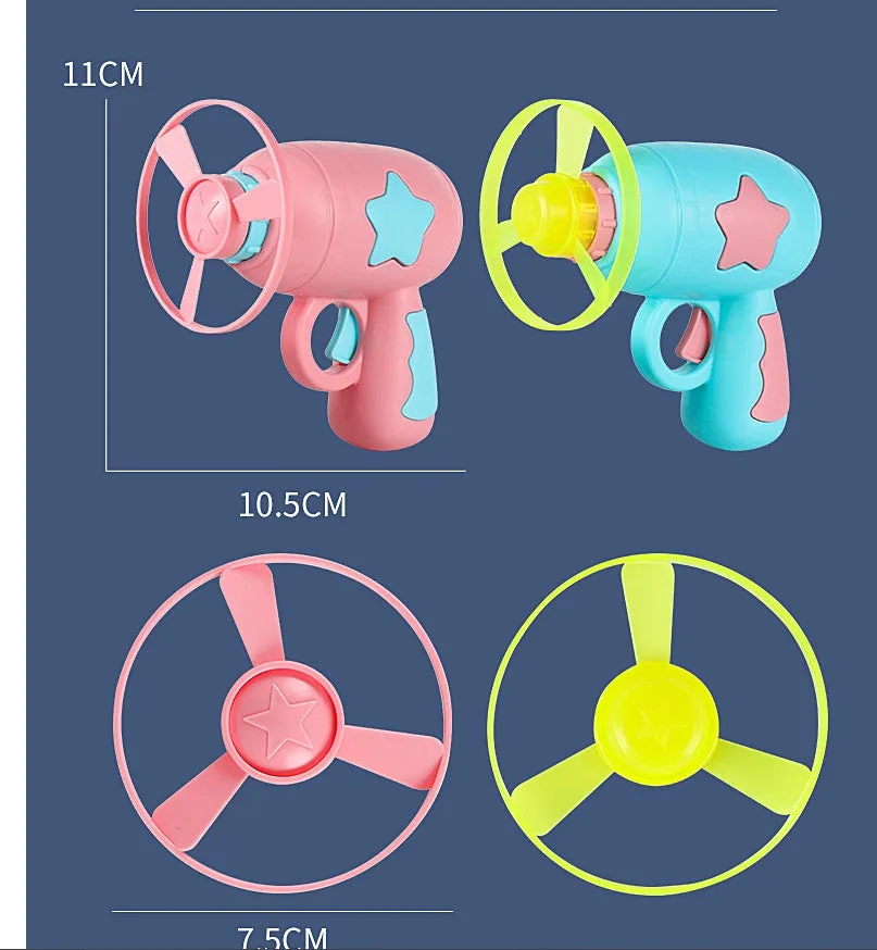 Flying saucer launcher toy set with LED flashing discs and launcher gun in assorted colours