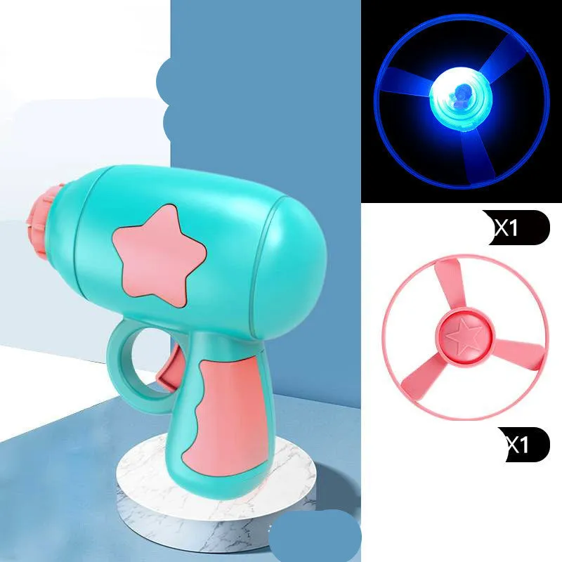 Flying saucer launcher toy set with LED flashing discs and launcher gun in assorted colours