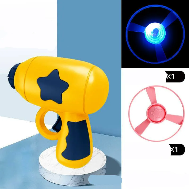 Flying saucer launcher toy set with LED flashing discs and launcher gun in assorted colours