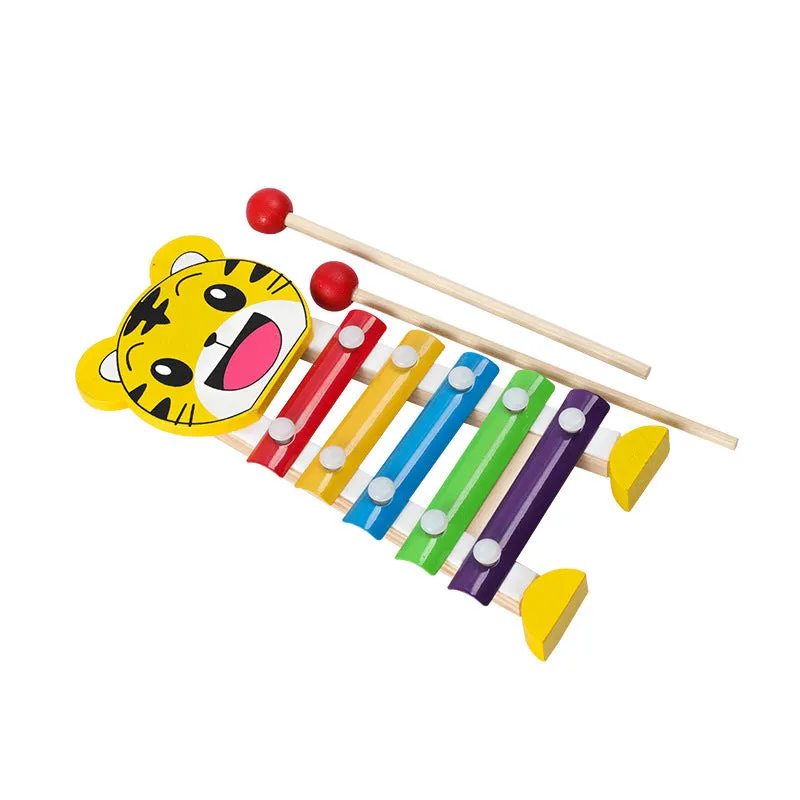 Wooden educational toys including rainbow blocks, musical instruments, and Montessori learning aids for baby development