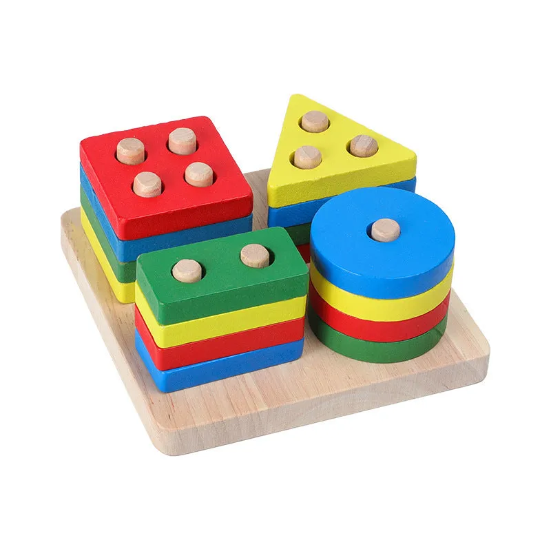 Wooden educational toys including rainbow blocks, musical instruments, and Montessori learning aids for baby development