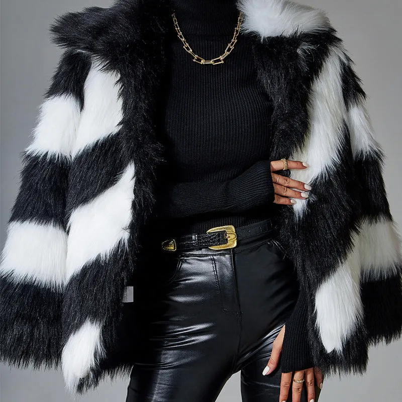 Women's faux fur coat with contrast colour lapel and a matching fur collar.