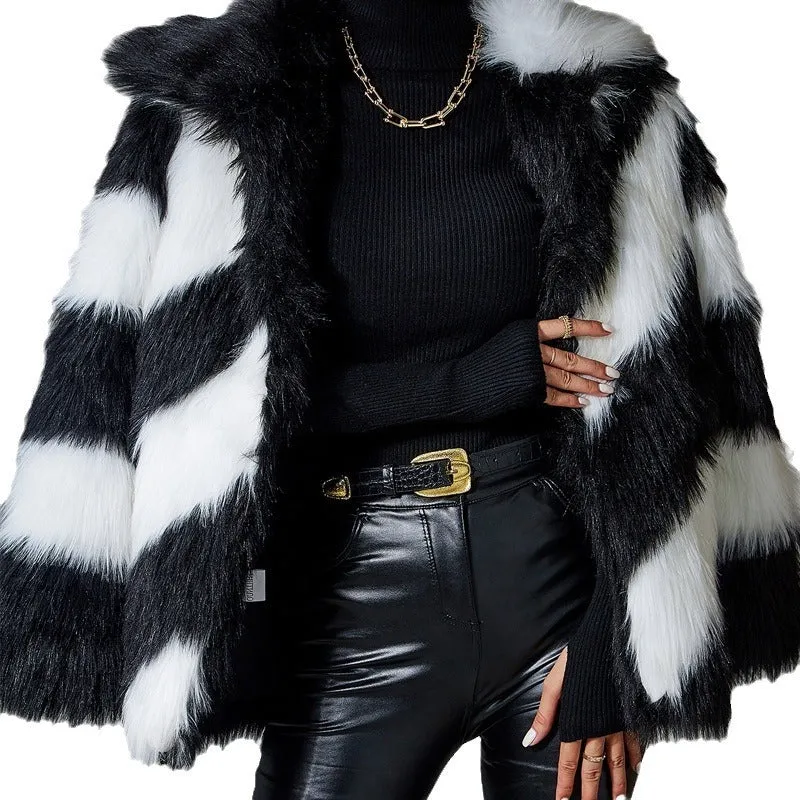 Women's faux fur coat with contrast colour lapel and a matching fur collar.