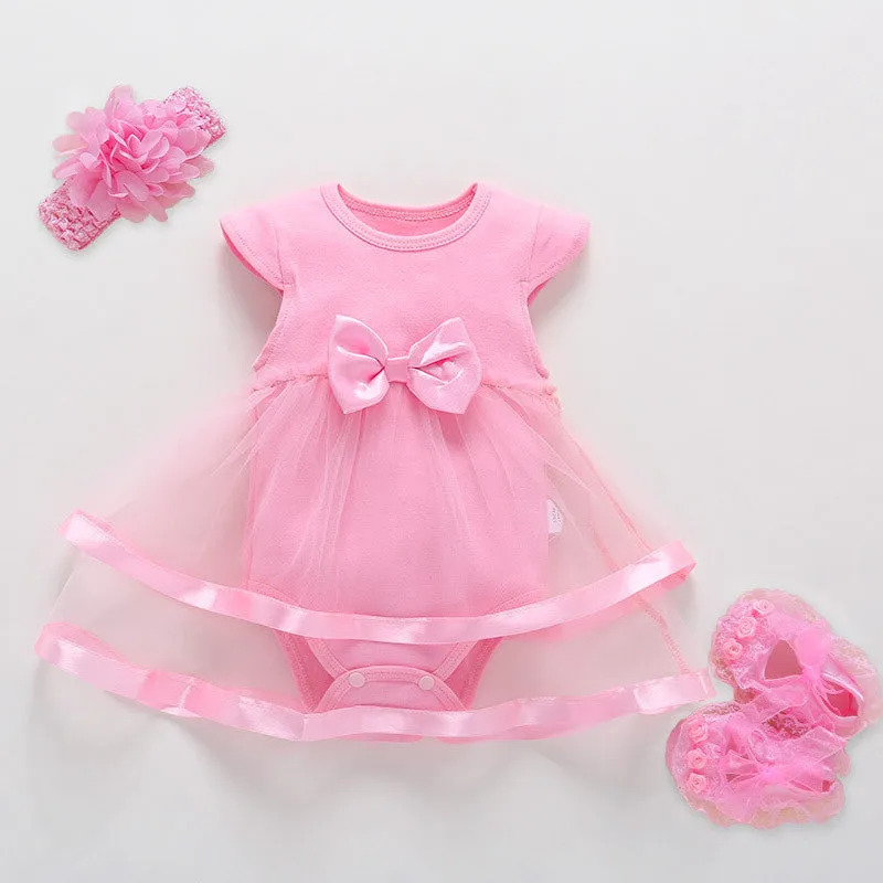 Korean style baby girl red lace princess dress with matching red shoes and large flower hairband