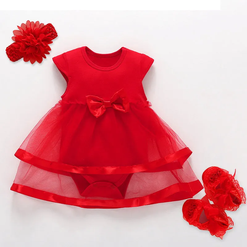 Korean style baby girl red lace princess dress with matching red shoes and large flower hairband