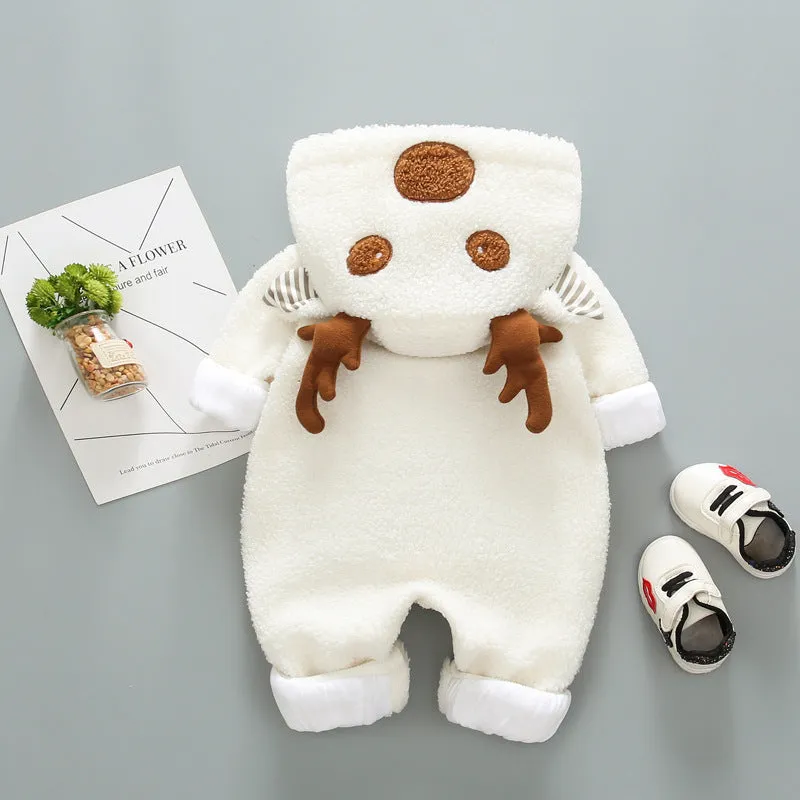 Long-sleeved baby romper with front lace-up strap closure in a khaki colour.