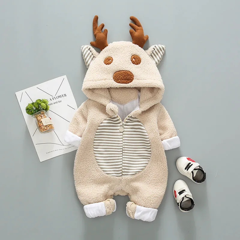 Long-sleeved baby romper with front lace-up strap closure in a khaki colour.