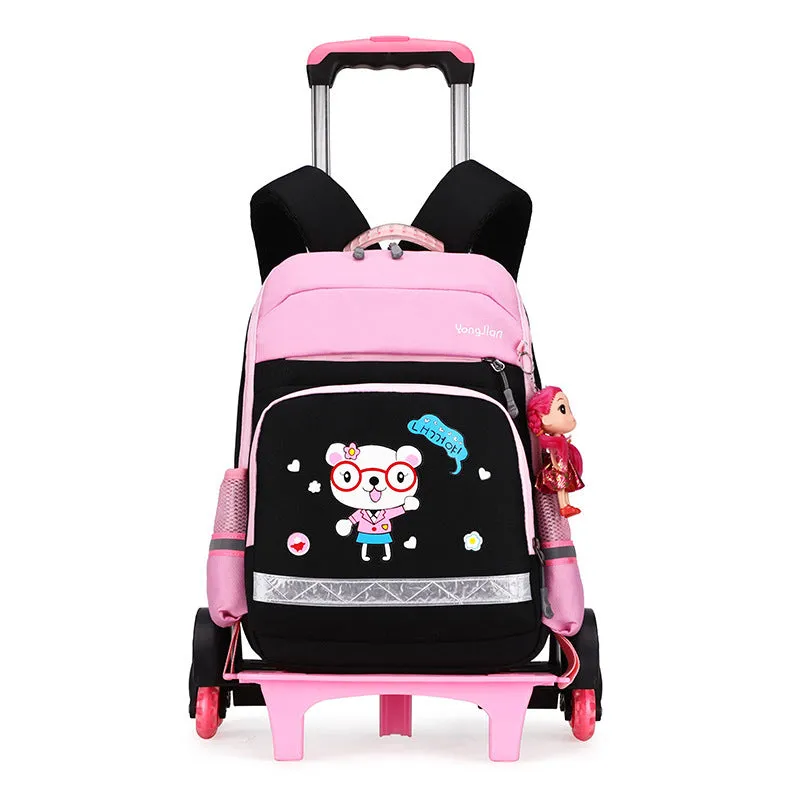 Korean detachable trolley school bag in Oxford cloth, shown in black and rose red colours.