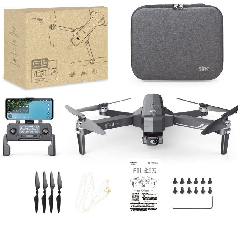 Black F11s PRO folding drone with 4K camera, shown both expanded for flight and folded for storage