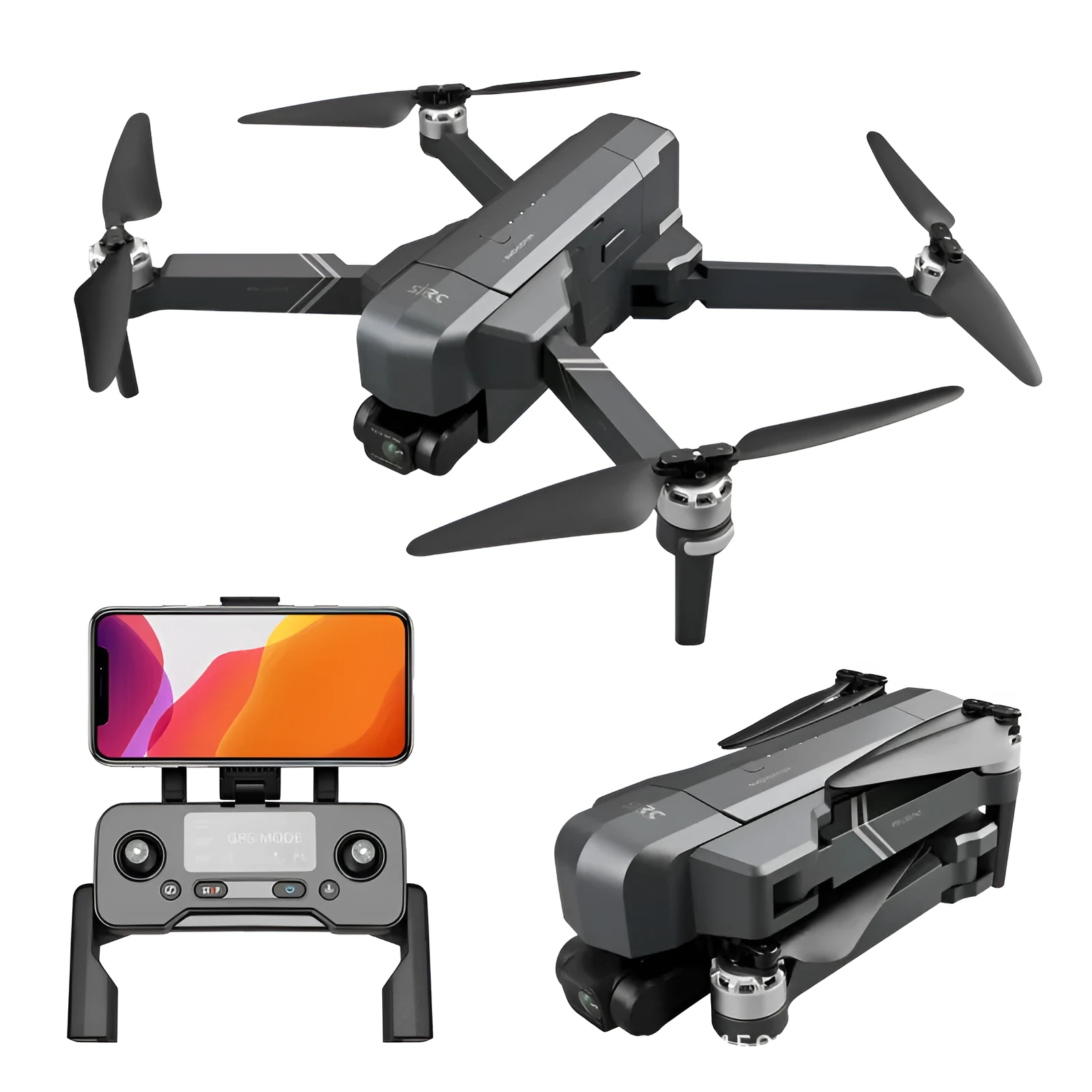Black F11s PRO folding drone with 4K camera, shown both expanded for flight and folded for storage