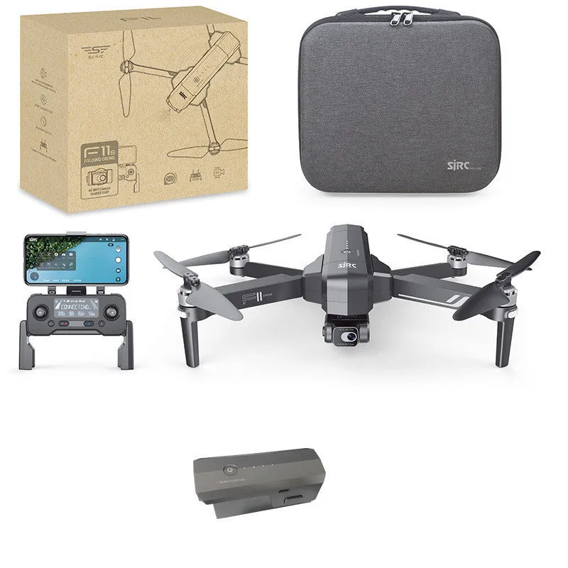 Black F11s PRO folding drone with 4K camera, shown both expanded for flight and folded for storage