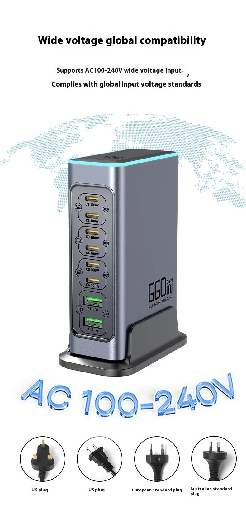 Silver 660W Gallium Nitride desktop fast charger with multiple USB-C ports on a wooden desk.