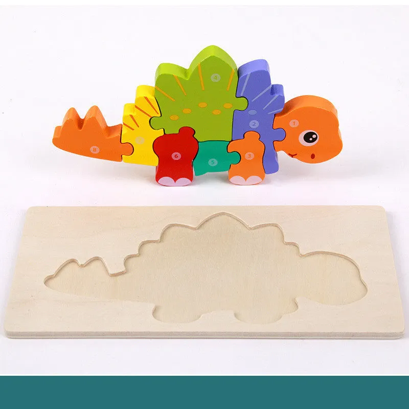 Wooden building blocks for children's 3D dinosaur puzzles including T-Rex and Triceratops