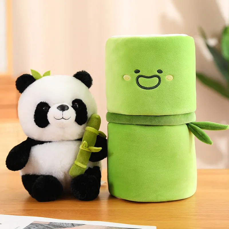 Panda plush doll with bamboo tube design holding bamboo, PP cotton filling, available in 25cm, 40cm, and 50cm sizes