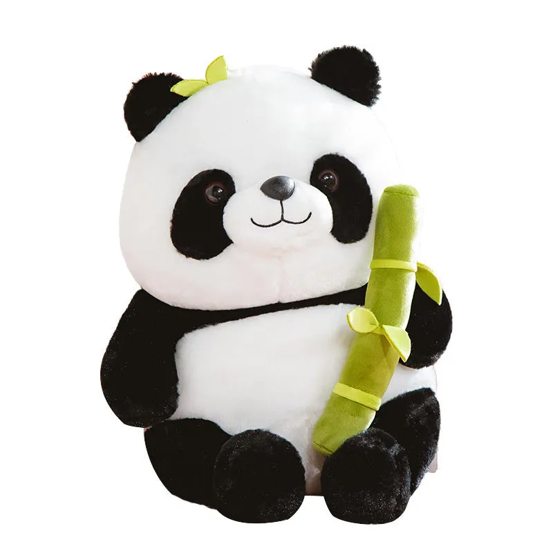 Panda plush doll with bamboo tube design holding bamboo, PP cotton filling, available in 25cm, 40cm, and 50cm sizes