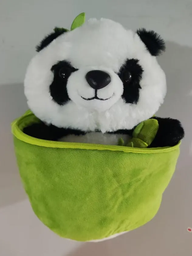 Panda plush doll with bamboo tube design holding bamboo, PP cotton filling, available in 25cm, 40cm, and 50cm sizes