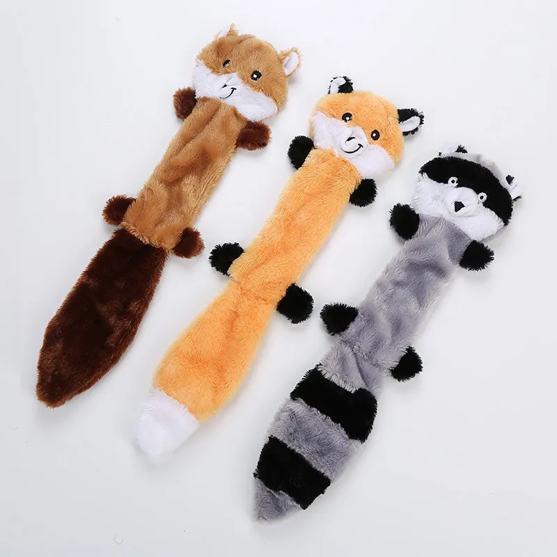 Brown plush dog toy with squeaker next to carrot-coloured version